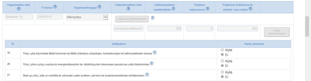 Osallistuvalle yritykselle myönnetty de minimis tuki