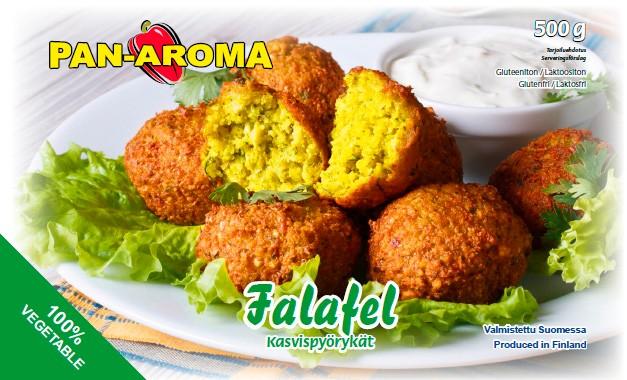 FALAFEL KASVISPYÖRYKKÄ Ainesosat: Kikherne, vesi, tomaatti, perunakuitu, mausteseos (persilja, mustapippuri, korianteri, sipuli, valkosipuli, juusto- kumina, timjami), rypsiöljy, sokeri, suola 1,1%,