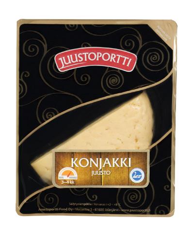 Juustoportti Konjakkijuusto Juustoportin Konjakkijuusto on keskivoimakas juusto, joka on maustettu konjakilla. Tätä kermajuustoa on kypsytetty 3-4 kk. Maku juustossa on konjakkisen maukas.