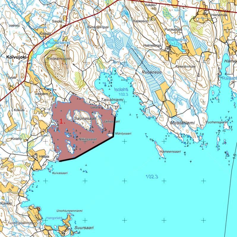 Kuva 4 a. Rauhoitusalue 1 Koivujoen jokisuussa Pielavesi-järvellä. Toinen rauhoitusalue olisi Pielavesi-järvellä Lehmussaaren itä- ja länsipuolella.