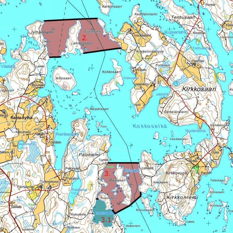 Kuva 4 b. Rauhoitusalueet 2 ja 3 Pielavedellä Lehmussaaren ja Rajasaaren itä- ja länsipuolella. Kolmas rauhoitusalue perustettaisiin Pielavesi-järvelle Rajasaaren itä- ja länsipuolelle.
