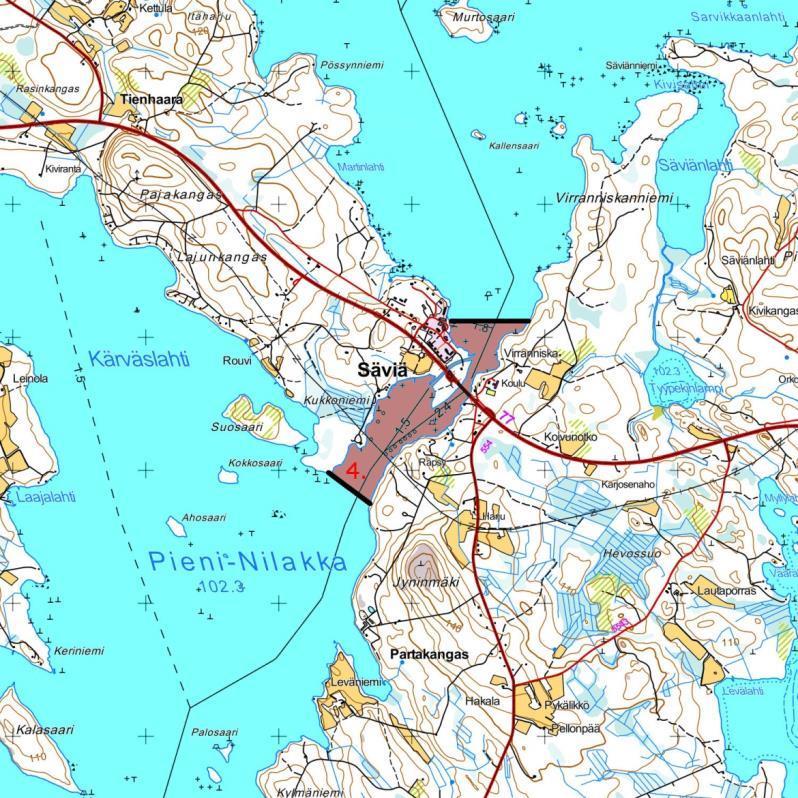 Kuva 4 c. Rauhoitusalue 4 Säviänvirralla Pielaveden ja Nilakan välisessä salmessa. Viides rauhoitusalue olisi Nilakan luusuassa eli Huuhtajankosken niskalla.