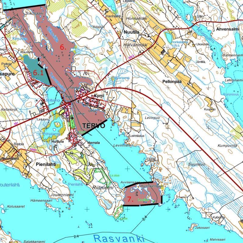 Kuva 4 e. Rauhoitusalue 6 Tervonsalmessa ja rauhoitusalue 7 Riitsalmessa. Kahdeksas alue muodostettaisiin Rasvanki-järven alapuolisiin Hyvölänsalmeen ja Pulkkilansalmeen.