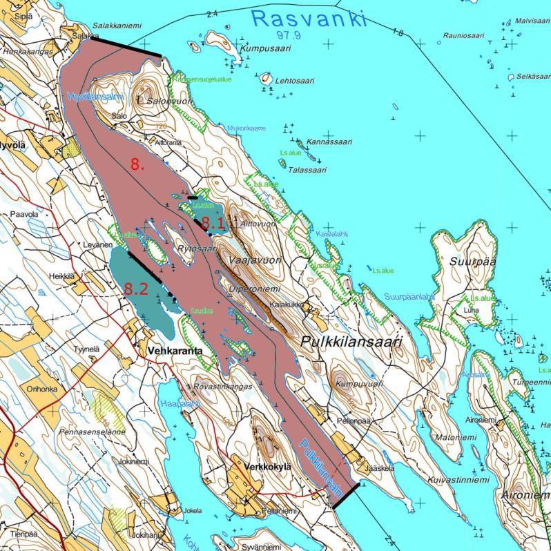 Kuva 4 f. Rauhoitusalue 8 Hyvölänsalmessa ja Pulkkilansalmessa. Yhdeksäs rauhoitusalue syntyisi Nokisenkosken ja sen yläpuolisten saarten ja salmien ympärille.