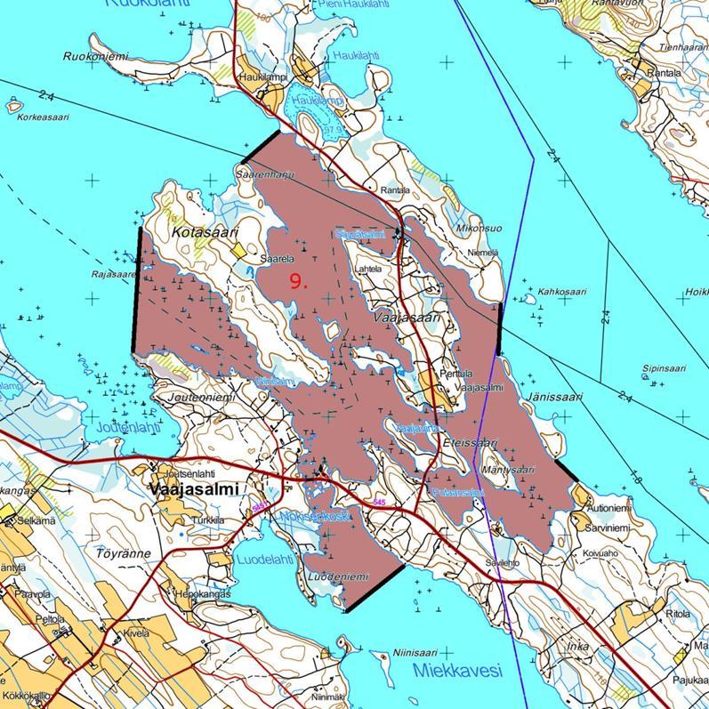 Kuva 4 g. Rauhoitusalue 9 Nokisenkosken ympärillä. Kymmenes alue tehtäisiin Miekkaveden ja Koskeloveden välisen Saunavirran alueelle.