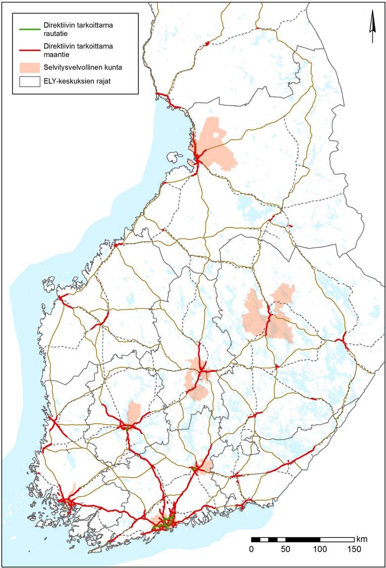 14 Kuva 1 Vuoden 2017 meluselvityksiin kuuluvat direktiivin tarkoittamat maantiet (punaisella) ja rautatiet (vihreällä).