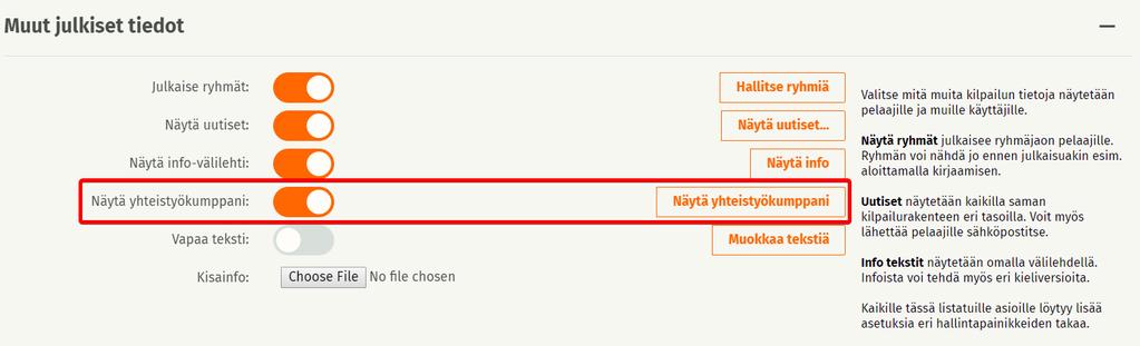 Valitse, että yhteistyökumppanit näytetään Näytä yhteistyökumppanit -painikkeen takaa voit lisätä yhden pääyhteistyökumppanin ja useampia muita yhteistyökumppaneita.