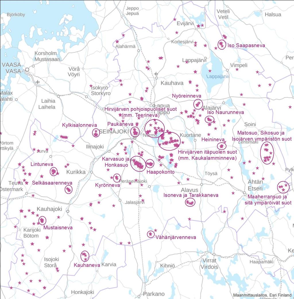Etelä-Pohjanmaan suoluonto -kysely I 6 Kartalla on esitetty kaikki kyselyssä