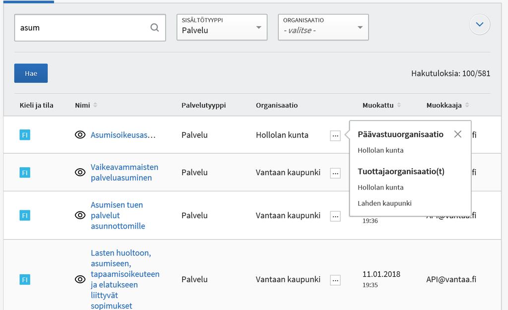 Organisaatiotiedot hakutuloksissa PTV-hakutuloksissa näkyy Organisaatio-sarakkeessa palvelun päävastuuorganisaatio.