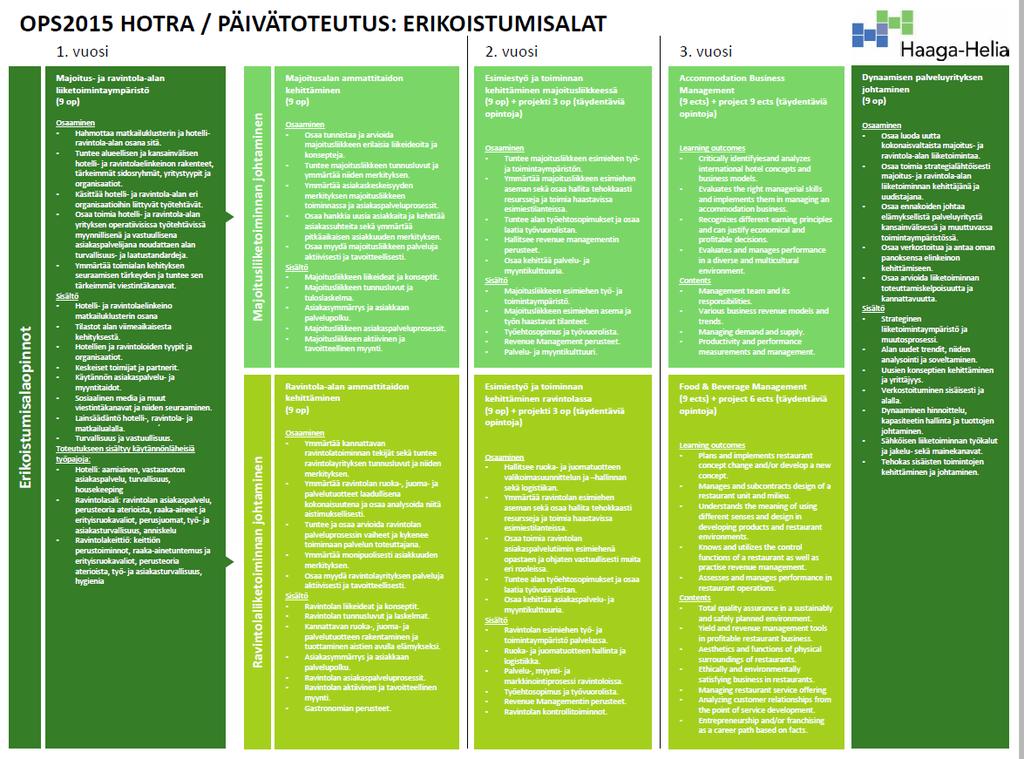 Tutustu yksityiskohtaisemmin: päivätoteutuksen erikoistumisalojen sisältöön ja täydentäviin moduuleihin sekä