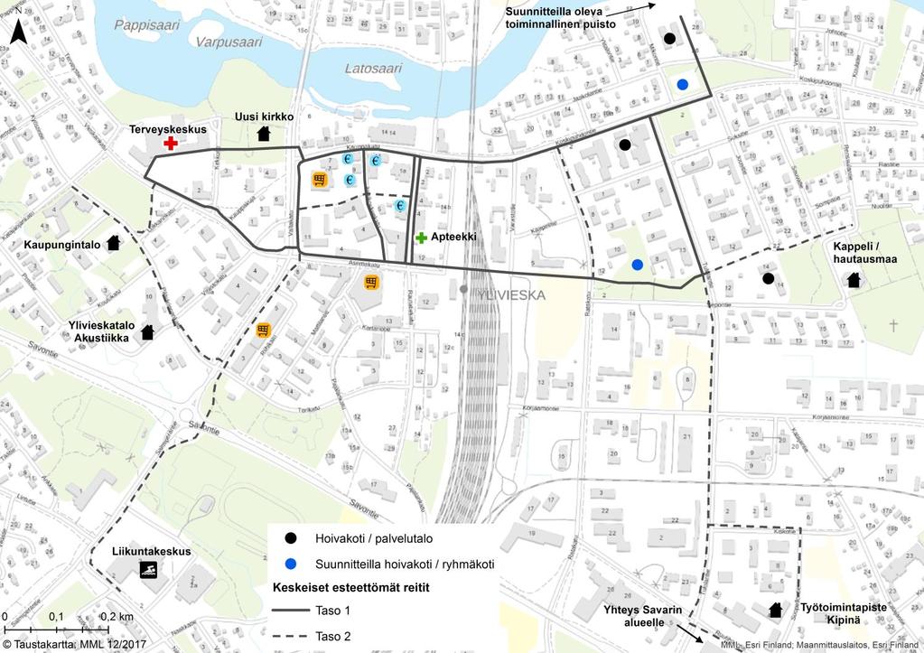 Taso 1: Riittävän leveät väylät, jotta myös apuvälineiden kanssa liikkuminen houkuttelevaa Yhteneväiset suojatieratkaisut (opaslaatat ja varoitusalueet) Laadukas valaistus Selkeä viitoitus ja opastus