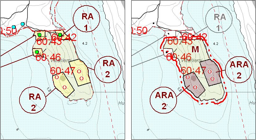 Tilat 404-20:45, 404-20:42 ja 404-20:43 Kaavalla lomarakennuspaikat muutetaan rantarakennuspaikoiksi.