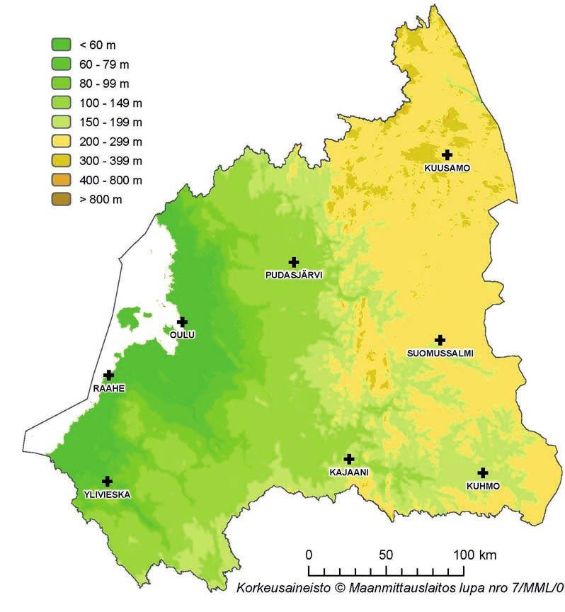 Kuva 3.1.2. Korkeussuhteet Oulujoen - Iijoen vesienhoitoalueella. Oulujoen - Iijoen vesienhoitoalueella maaperä on syntynyt pääosin viimeisimmän jääkauden aikana.