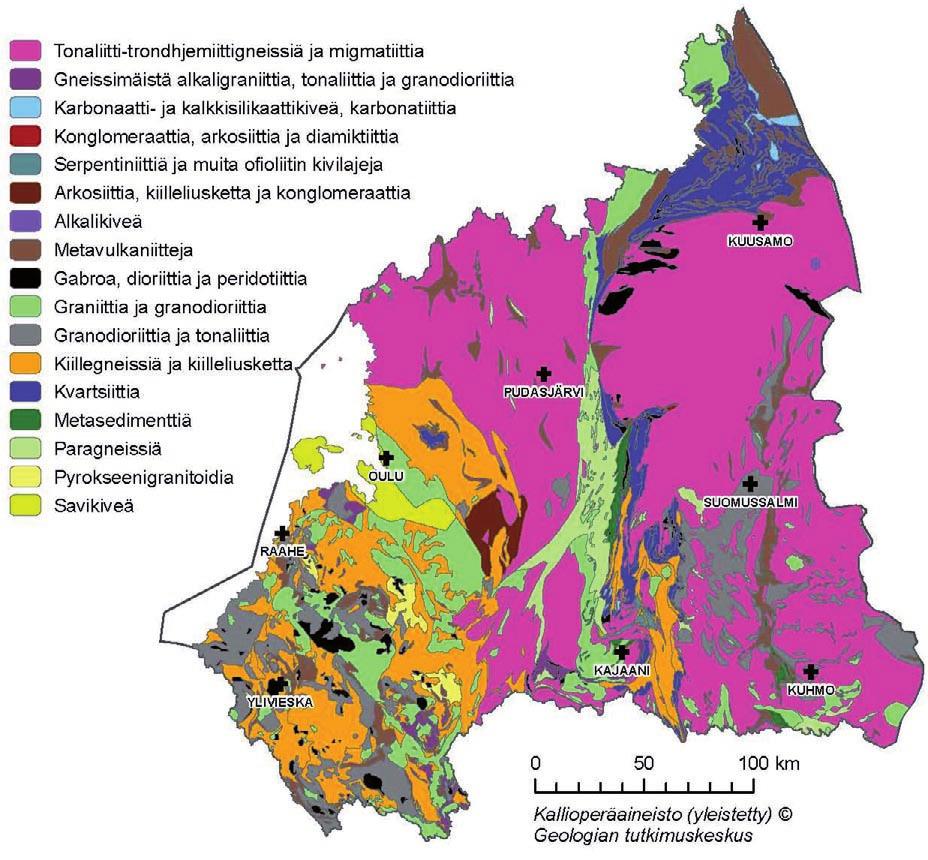 Koillismaan pohjoisosassa Kitkajärvien kautta Pudasjärven pohjoisosiin työntyvä Kuusamon liuskevyöhyke sisältää etupäässä kvartsiitteja, kiilleliuskeita ja fylliittejä.