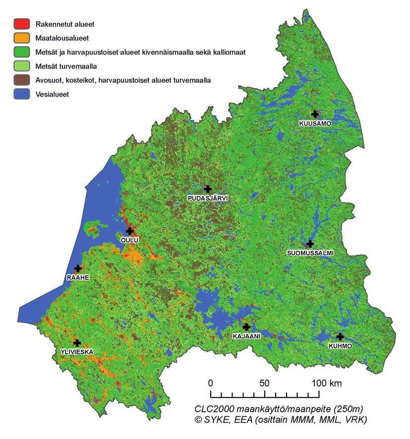 Oulujoen - Iijoen vesienhoitoalueen maa-alueesta valtaosa (83 %) on metsää tai avointa kangasta (kuva 3.1.6). Metsistä osa on kivennäis- ja osa turvemaalla.