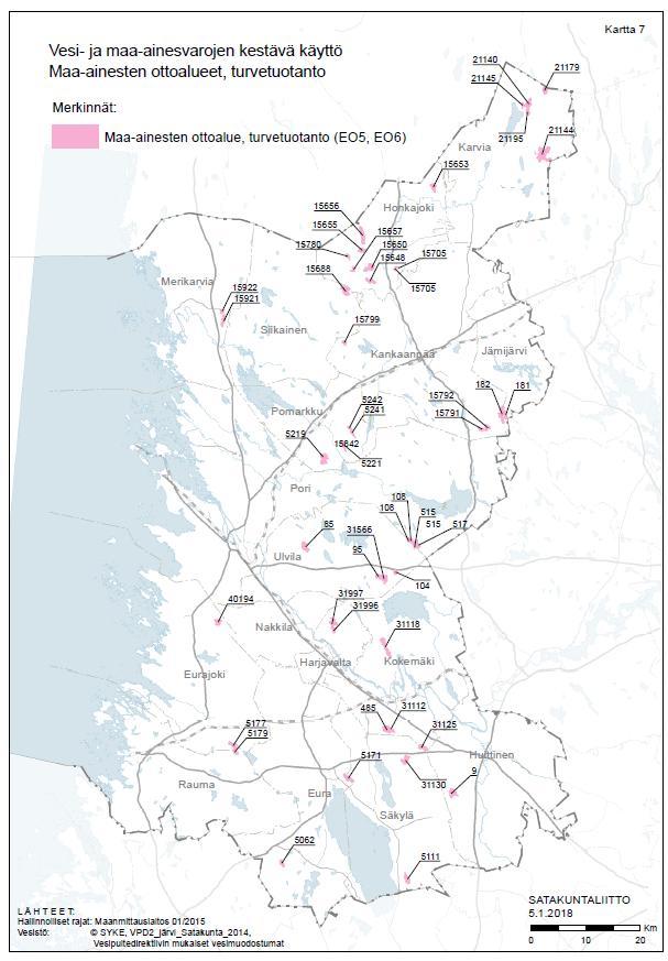 EHDOTUS 1 Maa-aineisten otto, Turvetuotannon alueet YHTEENSÄ 47 aluetta Pinta-ala n. 3500 ha, n. 55 milj.