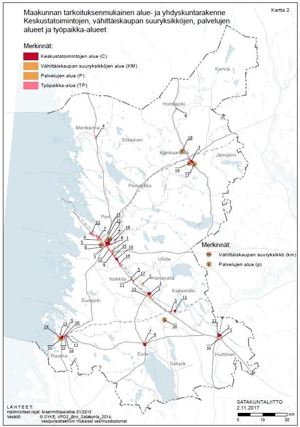 EHDOTUS 1 Keskustatoimintojen alueet Vähittäiskaupan suuryksikköjen alueet Palvelujen alueet Työpaikka-alueet YHTEENSÄ C-, C1-alueita 8 kpl; 1220 ha KM-alueita 3 kpl; 150 ha km kohteita 3 kpl