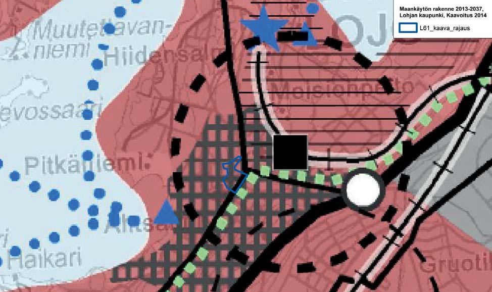 SUUNNITTELUTILANNE Ote Lohjan maankäytön rakennemallista 2013-2037.L61 asemakaavanmuutoksen rajaus on esitetty sinisellä.