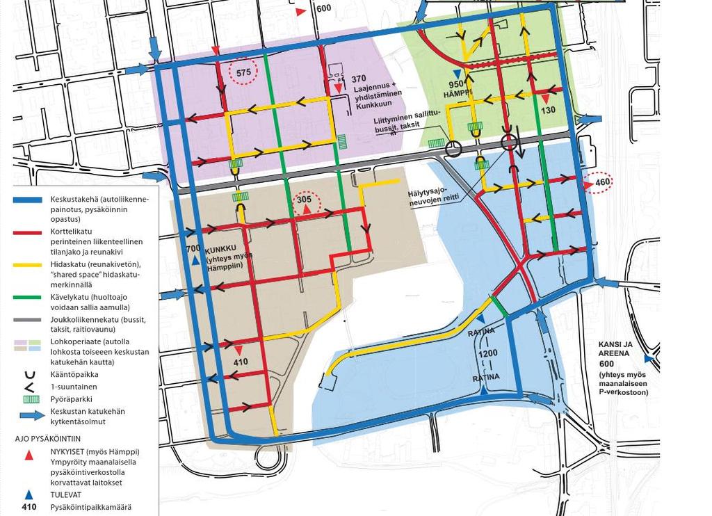 Autoliikenne + Keskustan kehä säilyy nelikaistaisena ja sen toimivuus voidaan turvata kuten keskustan strategisessa osayleiskaavassa ja liikenneverkkosuunnitelmassa on edellytetty.