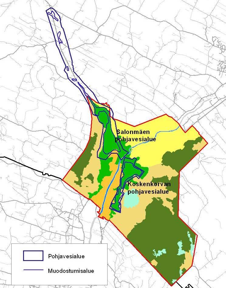 Koskenkorvan ja Salonmäen pohjavesi ja muodostumisalueet sekä veden päävirtaussuunnat (Pohjavesialueiden suojelusuunnitelma 2004).