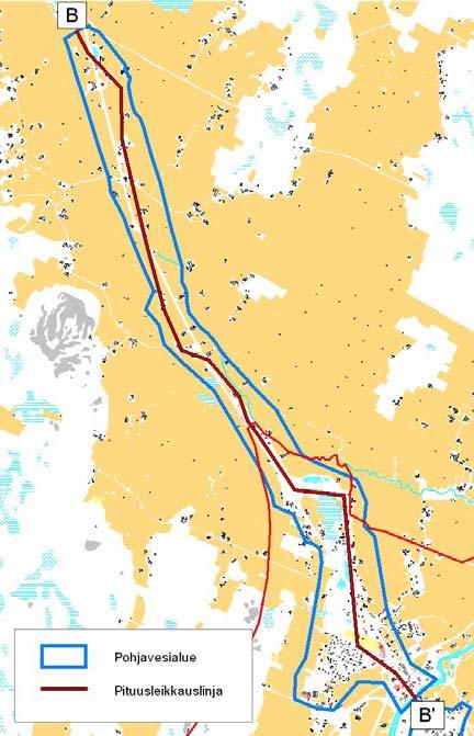 Salonmäen pohjavesialueen pituusleikkaus pisteestä B