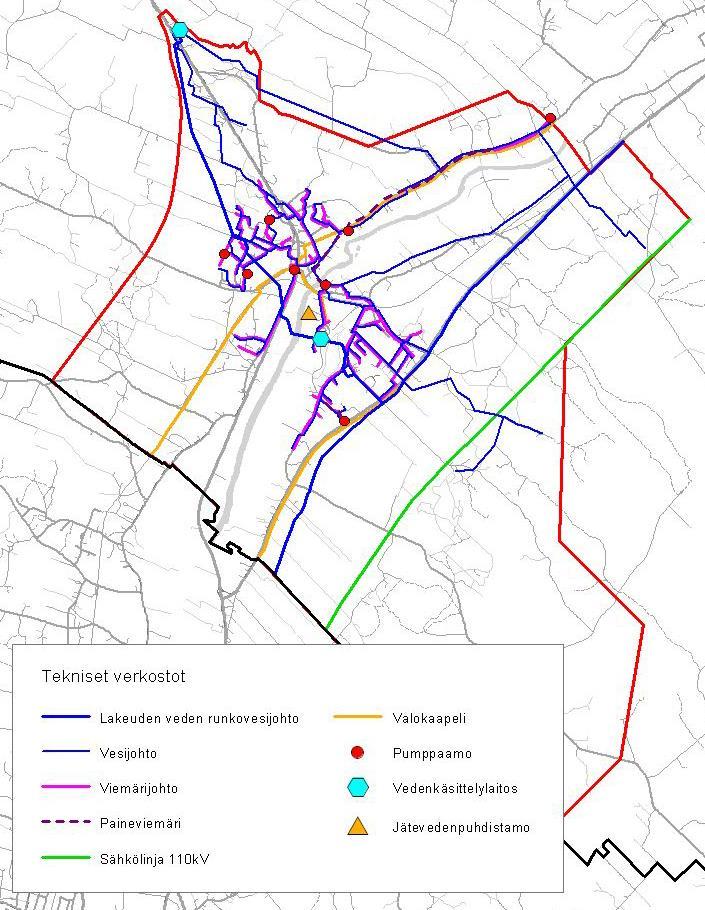Tekninen huolto Suunnittelualueen tekniset verkostot. Suunnittelualueella on pääosin kunnallinen vesijohtoverkosto.