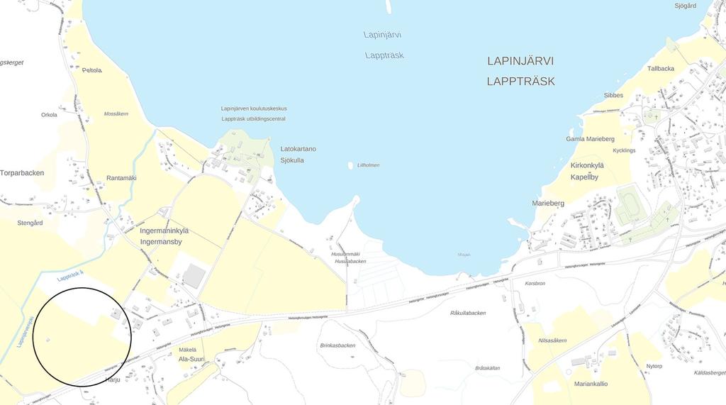 1.2 KAAVA-ALUEEN SIJAINTI Alue sijaitsee valtatie 6:n pohjoispuolella noin 3 km päässä Lapinjärven Kirkonkylän keskustasta Helsingin suuntaan.