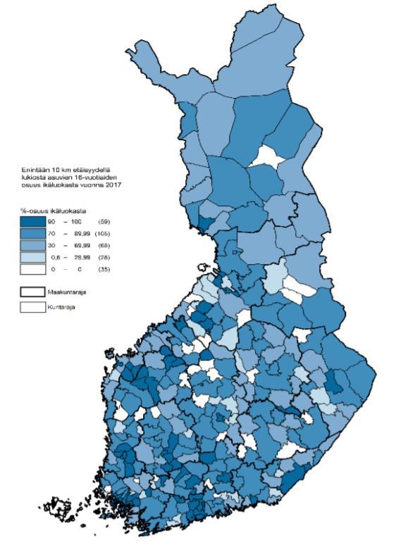 lukion opetuspisteestä asuvien 16- vuotiaiden osuus