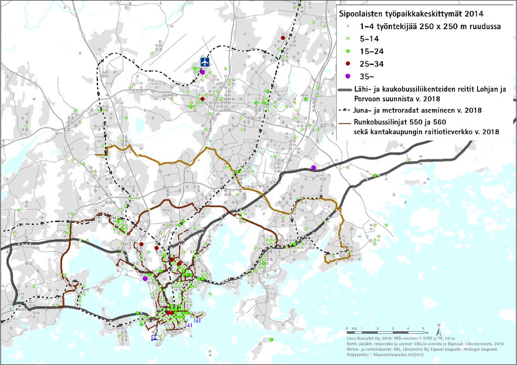 Kuva 3 Porvoolaisten työpaikkakeskittymät pääkaupunkiseudulla 2014 (YKR-aineisto SYKE ja TK)