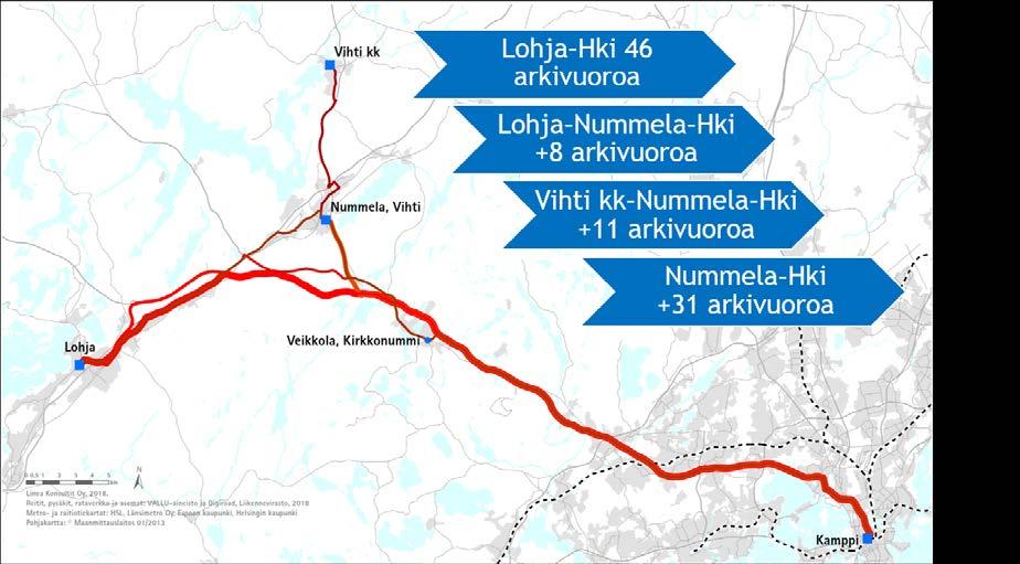 Kuva 6 Lähiliikenteen reitit ja vuoromäärät (arkisin yhteen