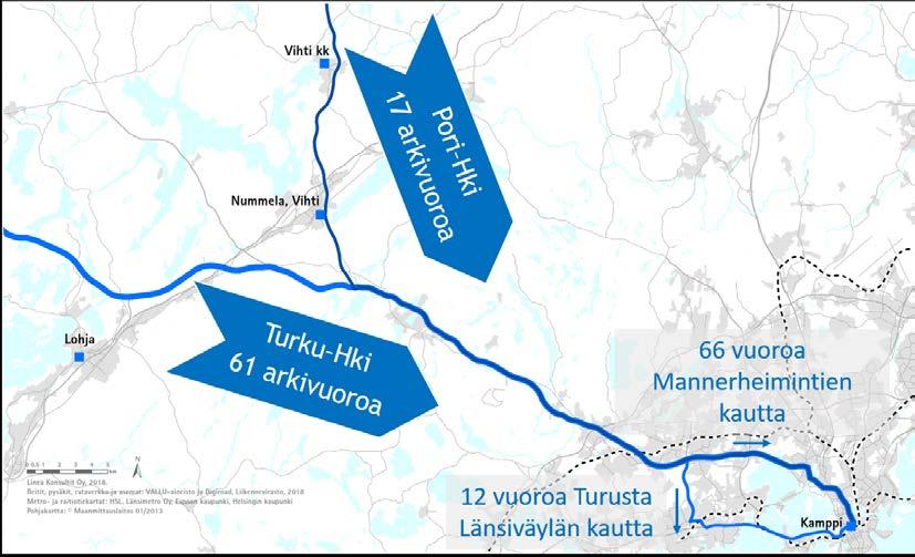 2018. Kuva 7 Kaukoliikenteen reitit ja vuoromäärät (arkisin