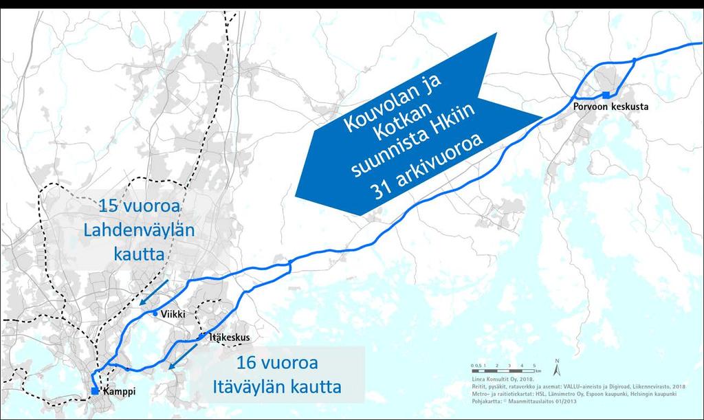 Kuva 9 Kaukoliikenteen reitit ja vuoromäärät (arkisin