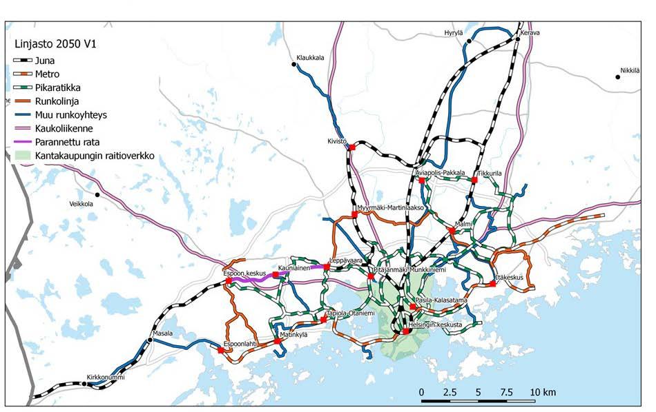 Kuva 13 Helsingin seudun joukkoliikennejärjestelmä 2030 ja mahdollisia hankkeita sen