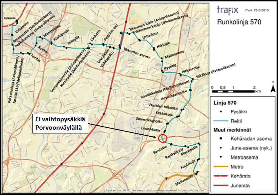 Kuva 15 Runkolinjan 570 suunniteltu reitti (lähde: