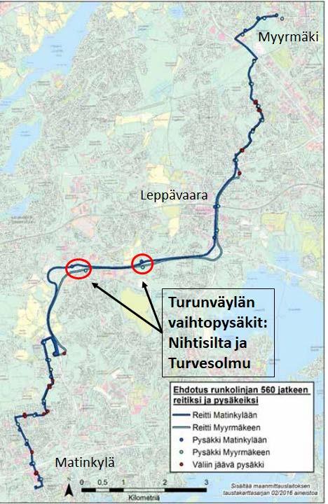 Kuva 16 Runkolinjan 560 jatkeen suunniteltu reitti