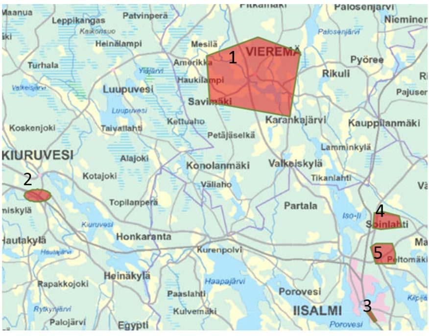 22 4.4.6.1 Terminaalitarpeet puutavaran varastointiin Terminaalitarpeita kirjattiin hankkeen aikana seuraaviin paikkoihin, jotka on kuvattu joko kartalla tai tekstinä. Pohjois-Savon alueella: 1.