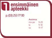 1 APTEEKIT Hämeenkatu 21 SOKOS, katutasossa 33200 Tampere ATALAN APTEEKKI Atalan liikekeskus Pulkkakatu 8, 33580 Tampere Puh. 03 3622 702 Fax 03 3622 709 atalan.apteekki@apteekit.net www.