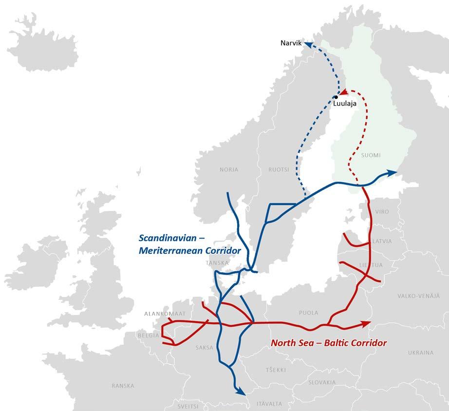 TEN-T ydinverkkokäytävät Uudistuksen yhteydessä on huomioitu mm. ydinverkkokäytävien laajentaminen pohjoiseen.