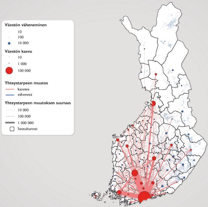Urbanisaatio Suomessa alueittain tarkasteltuna väestönkasvu on keskittynyt pääkaupunkiseudun, Tampereen, Oulun ja Turun