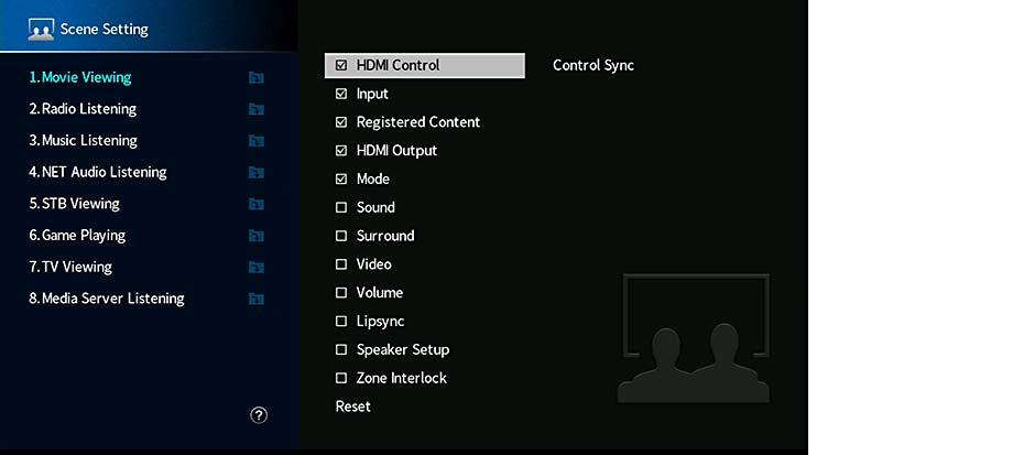 Virtual Speaker Virtuaalisen kaiuttimen määrittäminen. VPS Valitsee, luodaanko virtuaalinen tehostekaiutin (Virtual Presence Speaker, VPS) käyttämällä etu-, keski- ja surround-kaiuttimia.