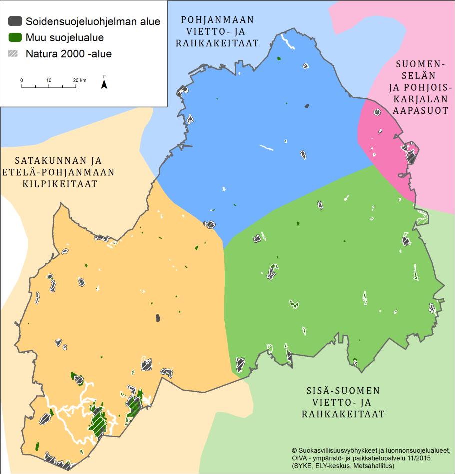 maakunnan soidensuojelualueista sijaitsee Satakunnan ja Etelä-Pohjanmaan kilpikeidasvyöhykkeellä. (kuva 5) Kuva 5. Etelä-Pohjanmaan suokasvillisuusvyöhykkeet ja suojelualueet.