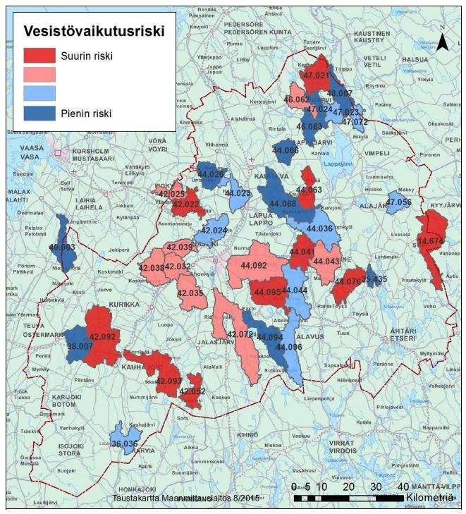 Kuva 8. Valuma-alueiden vesistövaikutusriski 3. jakovaiheen valuma-alueittain arvioitujen alueiden osalta.