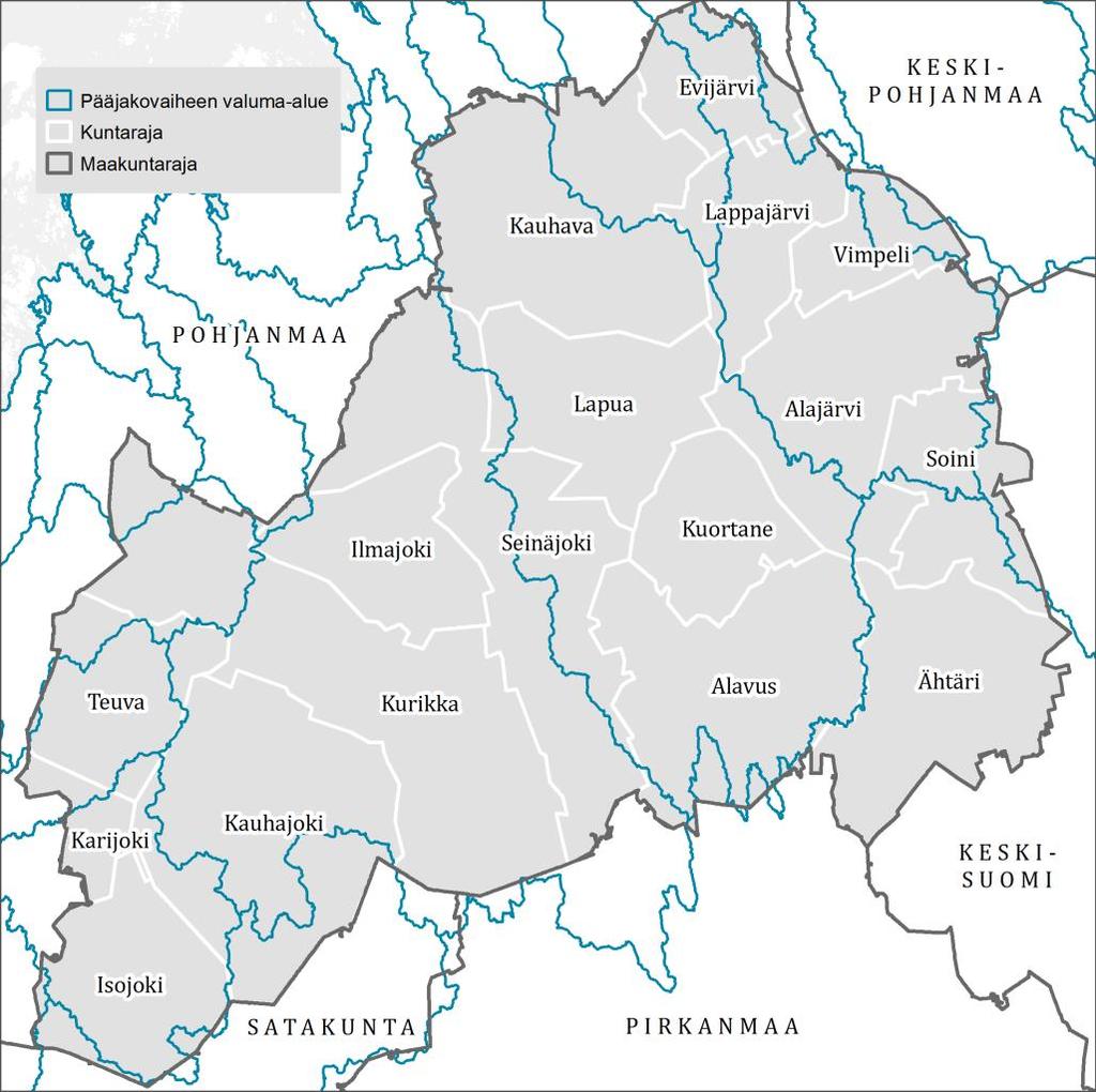 Kuva 1. Etelä-Pohjanmaan kunnat ja naapurimaakunnat. Kartalla on esitetty myös pääjakovaiheen valumaalueet. 2.