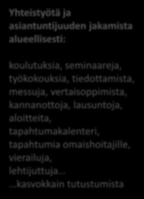 tiedottamista, messuja, vertaisoppimista, kannanottoja, lausuntoja, aloitteita,
