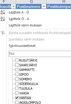 yhden tai useamman, jolloin taulukkoon päivittyvät näkyviin vain ne rivit, joissa on ne postitoimipaikat, jotka olet listalta ruksittanut.