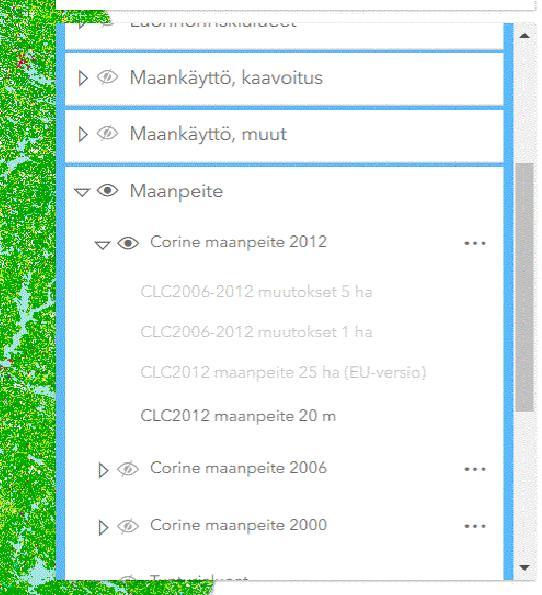 Aineistoja voi etsiä myös aineistolistaa selaamalla. Klikkaamalla aineistoteeman nimen vasemmassa laidassa olevaa nuolta, avautuu luettelo teeman sisältämistä aineistoista.