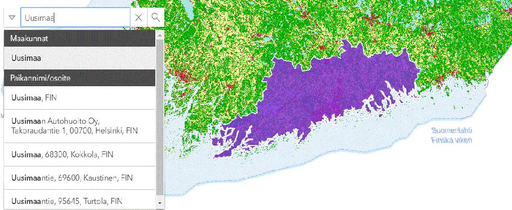 Alueen nimeä klikkaamalla zoomautuu kartta kohteeseen ja valittu alue näkyy kartalla sinipunaisena.