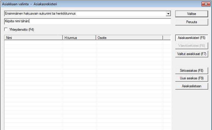 10 / 43 6. ASIAKKAAN HAKU JA UUDEN ASIAKKAAN LUONTI 6.1. Asiakashaku-ikkuna Asiakashaku pystyy etsimään asiakkaita seuraavilla hakuehdoilla: Sukunimi tai henkilötunnus, osoite ja syntymäaika