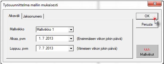 43 / 43 17. TYÖAJAN TEKEMINEN MALLIVIIKOSTA Paina Tee viikko -painiketta Työjärjestys-ikkunan ylälaidassa. Painikkeesta avautuu Työsuunnitelma mallin mukaisesti -ikkuna.