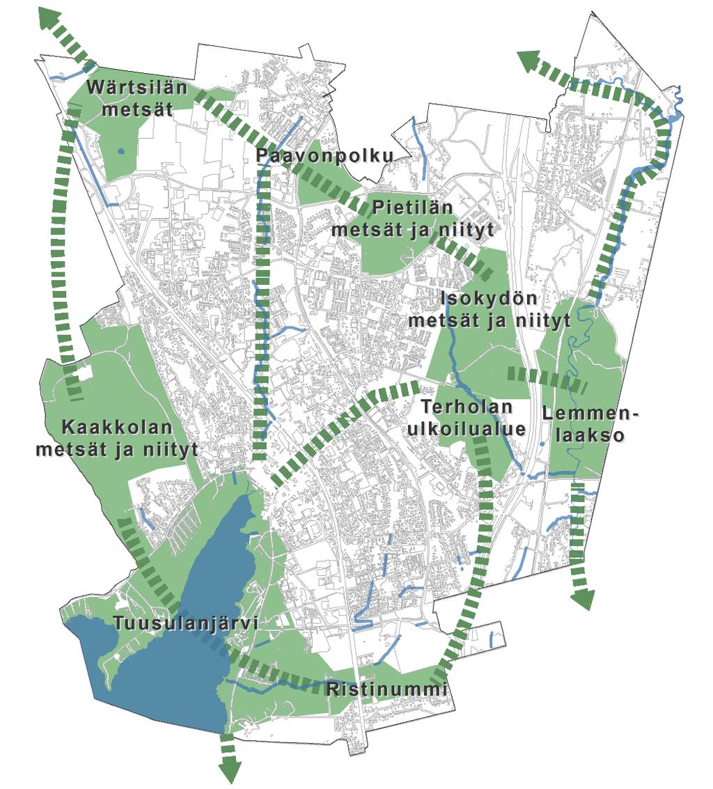 Pohjoinen: Wärtsilän metsät Paavonpolku Pietilän metsät ja niityt Itäinen: Isokydön metsät ja niityt